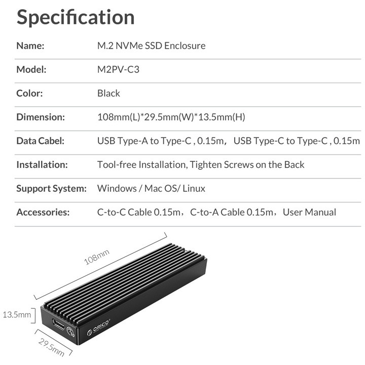 Box M.2 PCIe NVMe USB3.1 type-C tản nhiệt nhôm cao cấp Orico M2PV-C3 - BX48