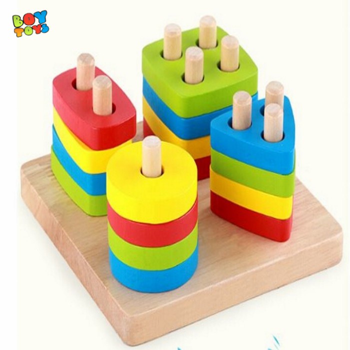 Combo 3 đồ chơi gỗ cho bé, Rút gỗ, gỗ cột hình học, xếp gỗ động vật Preschool Line phát triển kĩ năng logic hình khối