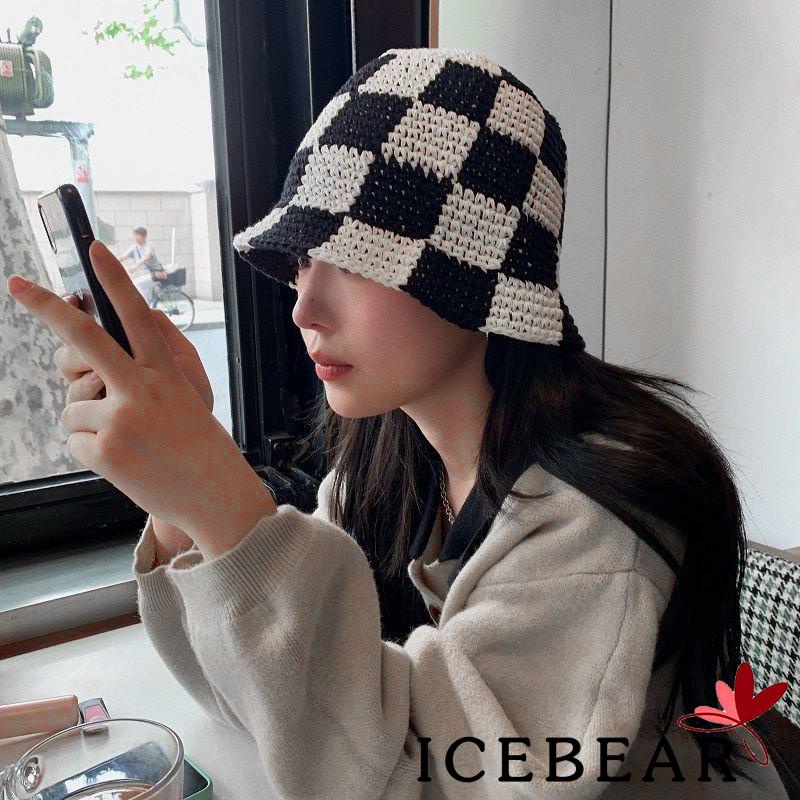 ICE-Women Bucket Hat Plaid Pattern Woven Style Hollow-Out Fisherman Hats Ladies Sweet Beach Head Wear