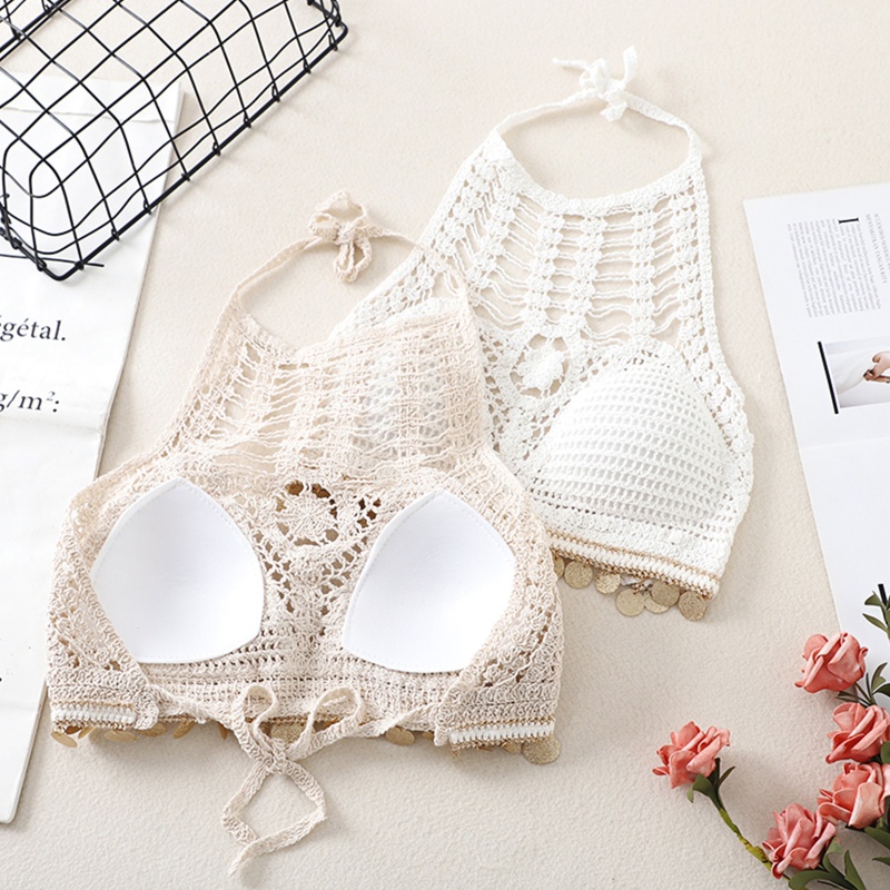 Brroa Áo Ngực Bikini Dạng Yếm Tua Rua Đính Kim Sa Tròn Rỗng Quyến Rũ Cho Nữ