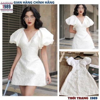 Váy gấm xốp cổ v tay bồng kiểu dáng hàn quốc tiểu thư bánh bèo dễ thương sang chảnh đầm dự tiệc công chúa -PHƯƠNG 1989