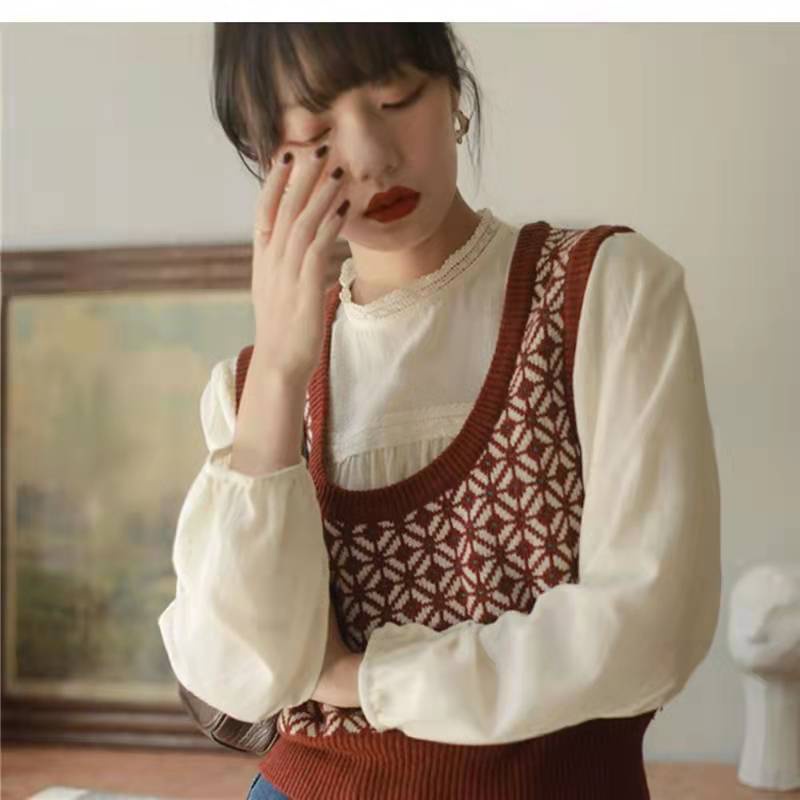 Lil Forest Áo Sweater sát nách cổ chữ U kiểu Retro Pháp dễ thương | BigBuy360 - bigbuy360.vn