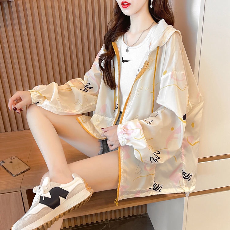 Áo Khoác cardigan Mỏng Có Nón Chống Nắng Dáng Rộng In Họa Tiết Thời Trang Mùa Hè Cho Nữ