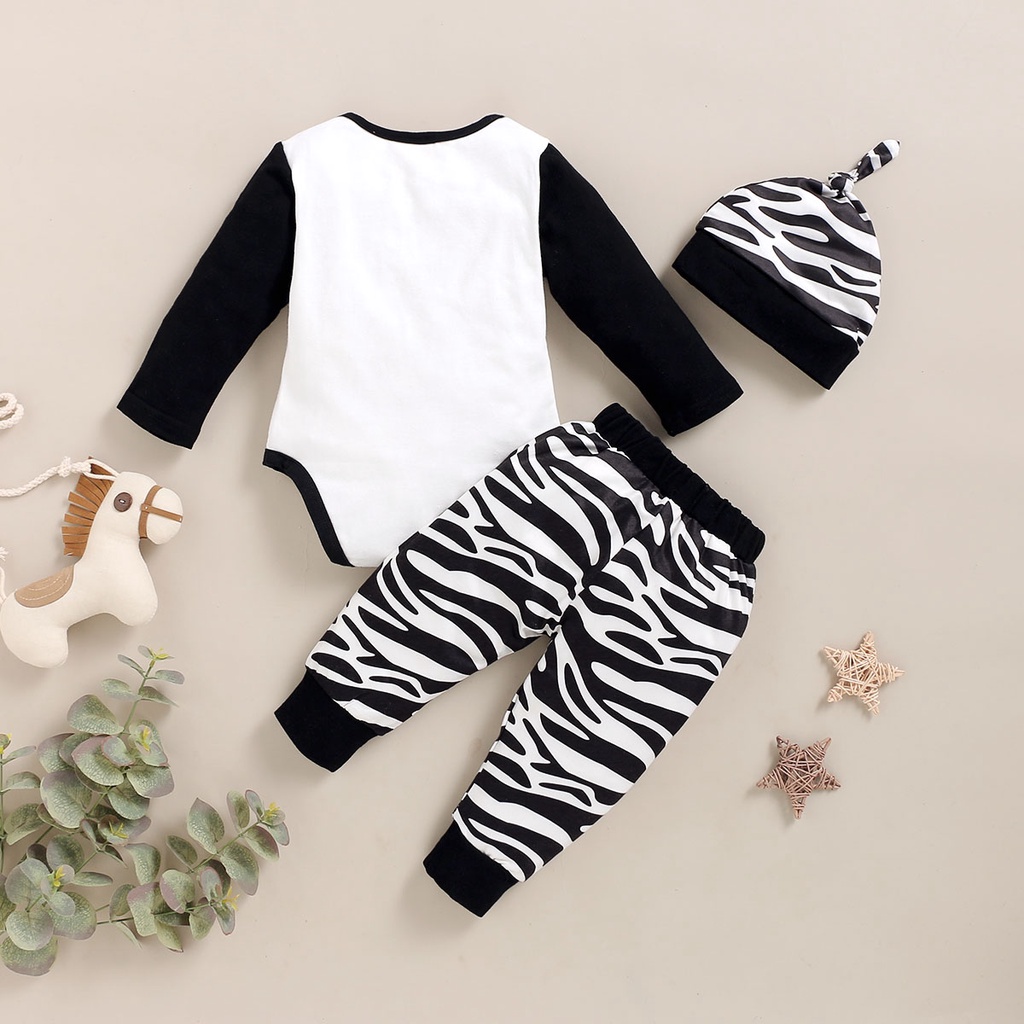 Bộ đồ 3 món MIKRDOO gồm áo liền quần dài tay in họa tiết ngựa vằn + quần + mũ phong cách mùa thu cho bé sơ sinh