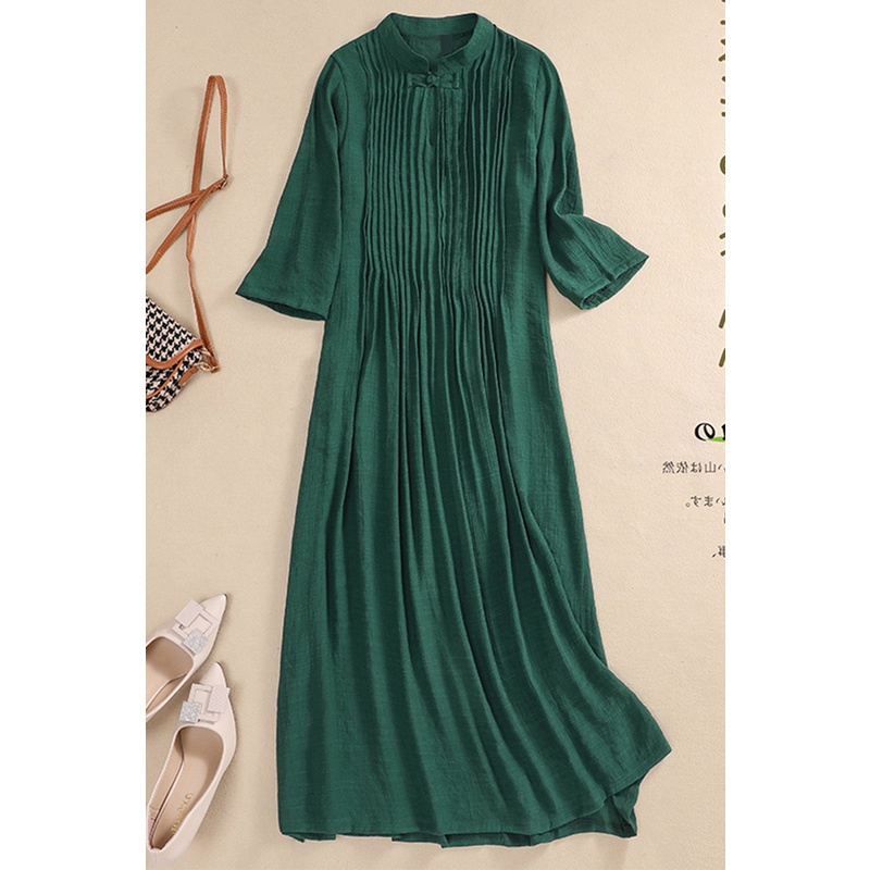Đầm Sườn Xám Vải Lanh Cotton Dáng Dài Cài Nút Đĩa Lớn Phong Cách Retro Ý Cho Nữ