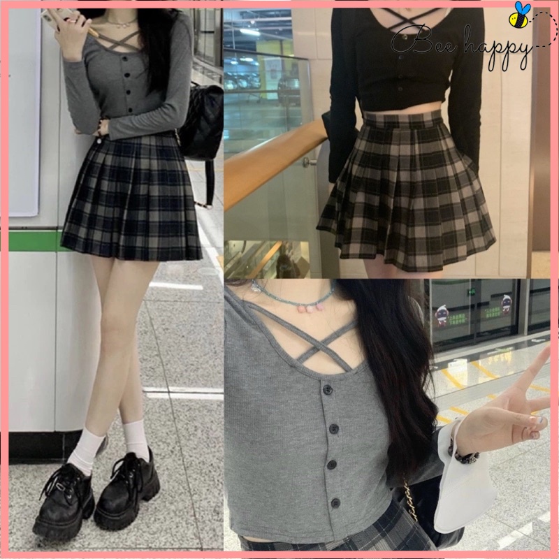 Set áo dài tay tăm + chân váy xếp ly dạ croptop BEE HAPPY hàng có sẵn