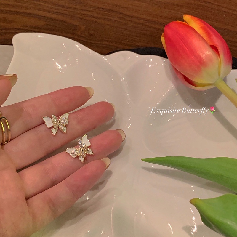 Khuyên Tai Hình Bướm Hai Lớp Đính Đá Zircon Đơn Giản Phong Cách Hàn Quốc Thời Trang Cho Nữ
