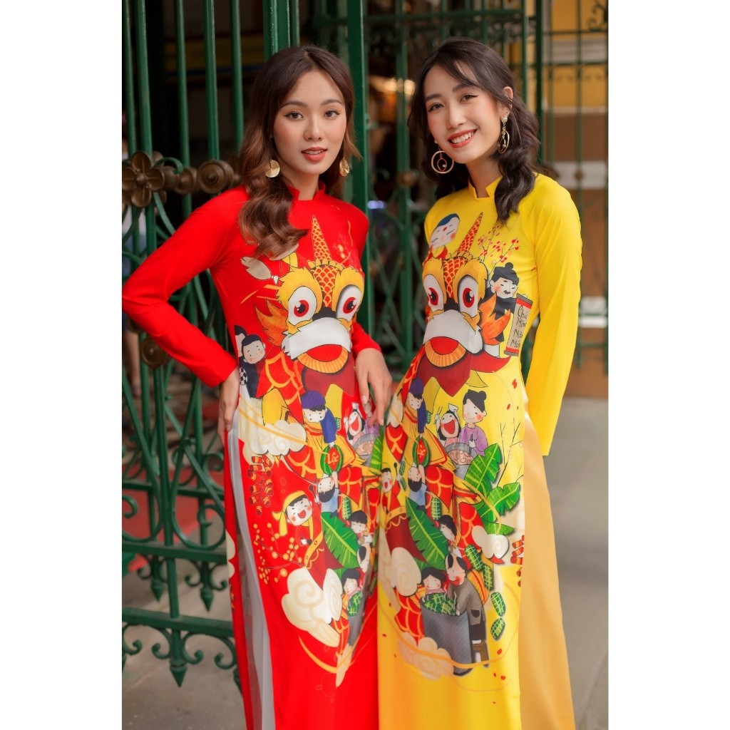 Áo dài truyền thống nữ đỏ vàng cổ cao hở vuông vải lụa hoạ tiết lân tết khai trương có nhiều size | BigBuy360 - bigbuy360.vn