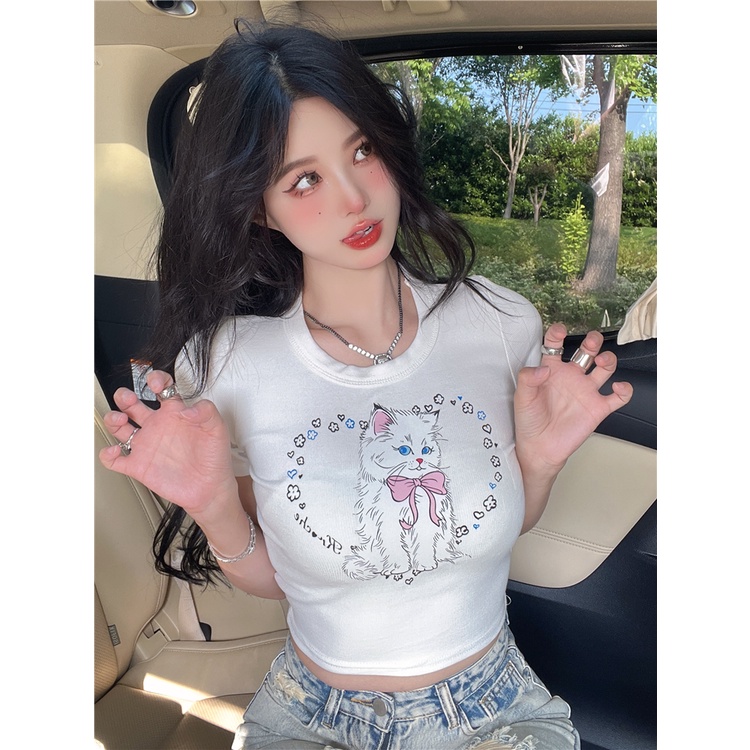 ÁO THUN CROPTOP NỮ CON MÈO MÀU TRẮNG, HỒNG DỄ THƯƠNG CÓ FREESIZE