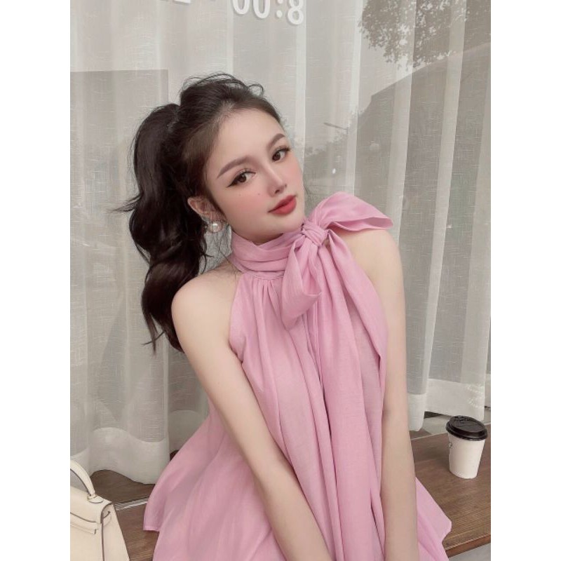 Áo tơ cổ yếm nơ dài hai lớp