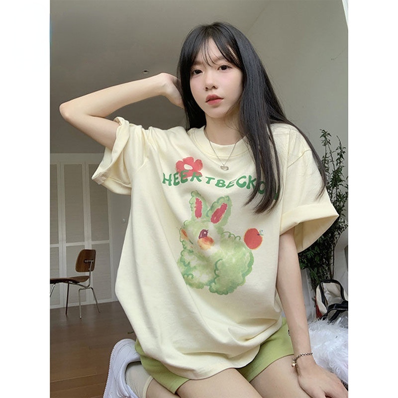Áo Thun Dáng Rộng Ngắn Tay In Hoạt Hình Phong Cách Hàn Quốc Đáng Yêu Dành Cho Nữ 2022