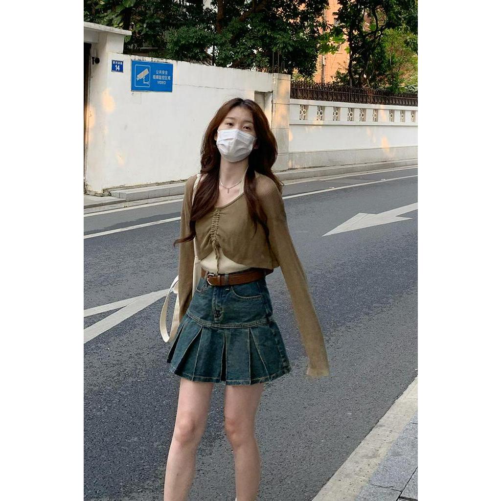 Bộ Áo Dài Tay + Chân Váy Denim Xếp Ly Xinh Xắn Dành Cho Nữ 63501