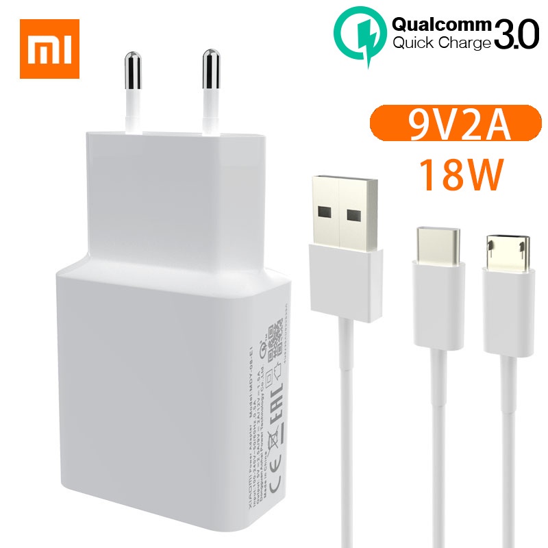 Xiaomi Mi 9 SE 18W Fast EU Charger QC3.0 Fast USB Wall Charger Micro USB và Type C Cable Sạc nhanh Thích hợp cho Mi 9 8 10 9se Redmi note 7 pro Mi 6 6X 8 A2 A1 Note 8