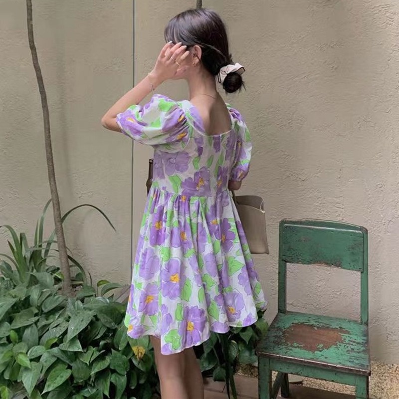 Đầm Tay Phồng Cổ Vuông Họa Tiết Hoa Xinh Xắn Phong Cách Hàn Quốc