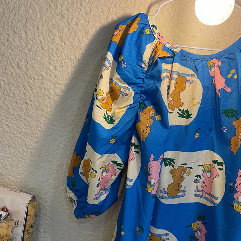 Đầm Công Chúa Tay Phồng Dài Cổ Tròn In Hoạt Hình Gấu Kiểu Hàn Quốc Xinh Xắn Cho Bé Gái