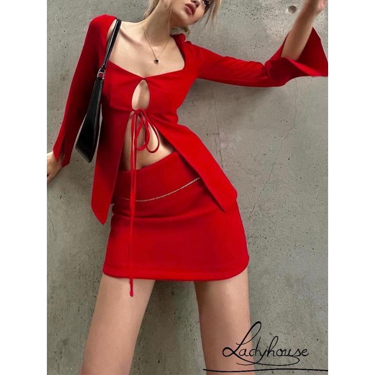 Bộ Áo Tay Dài + Chân Váy Lưng Cao Mini Màu Trơn Thời Trang Mùa Hè Cho Nữ