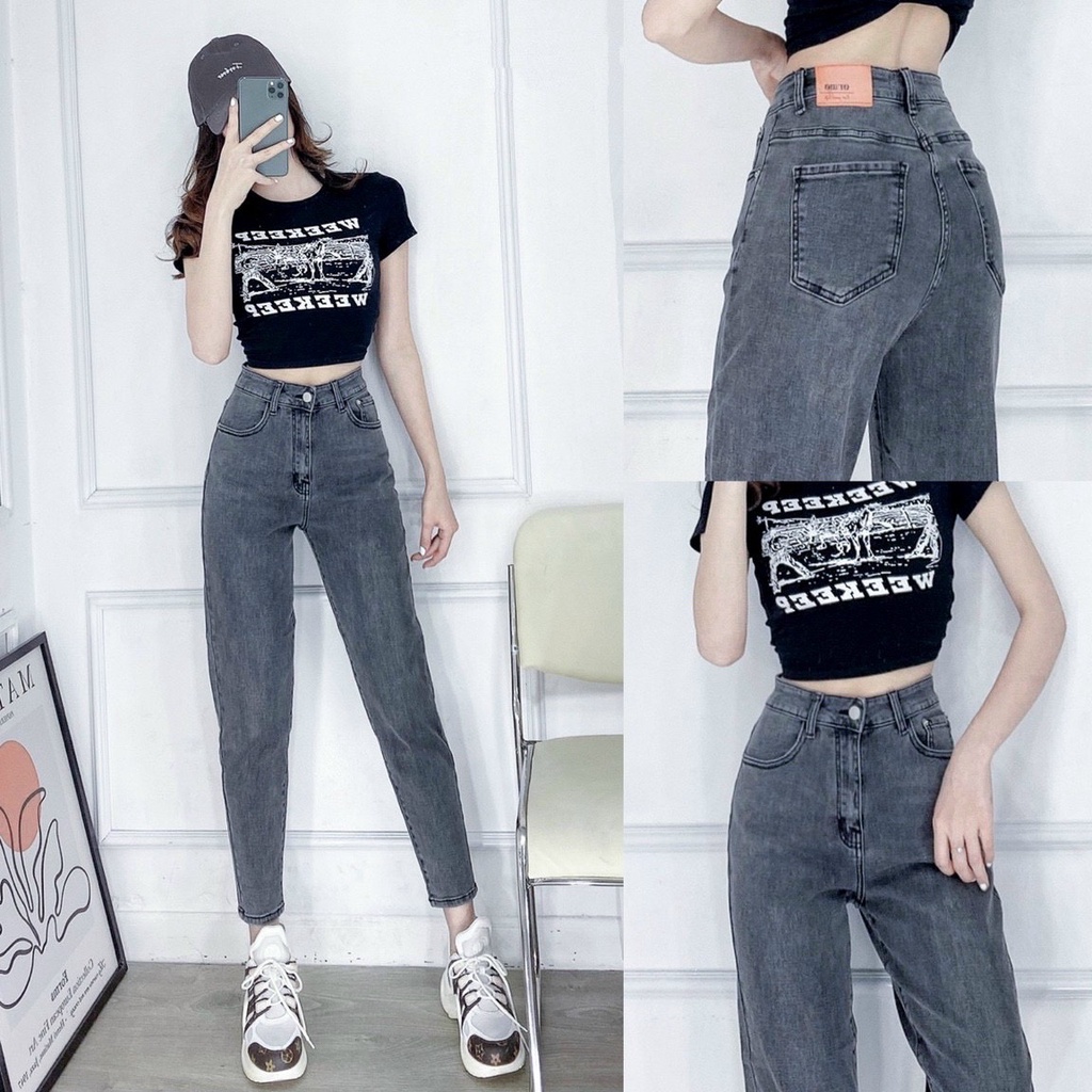 Quần jean dài phom Baggy / boyfriend co dãn mạnh, lưng cao, màu xám tây siêu hot hit 4084