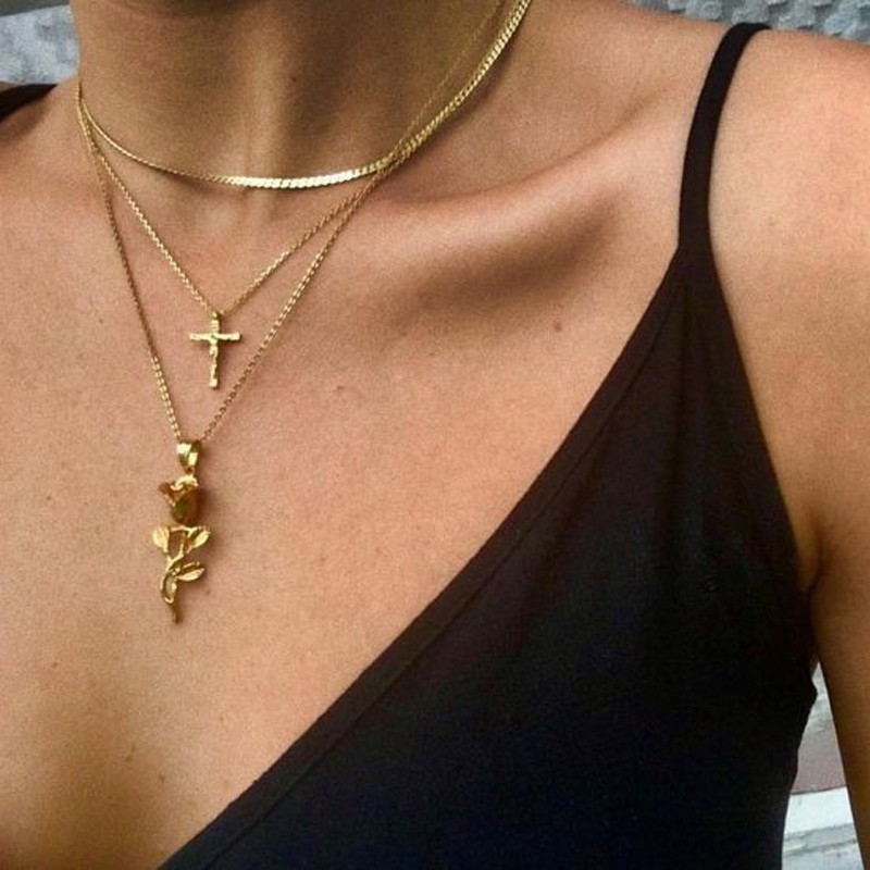 Multilayer Necklace Cross Rose Pendant Necklaces for Women