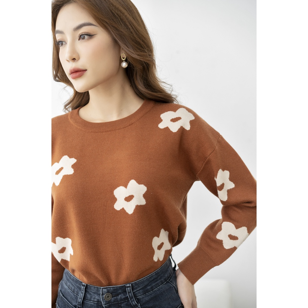 Áo len nữ FIONA bo gấu áo len cổ tròn dệt họa tiết bông hoa trẻ trung phù hợp đi làm đi chơi F852728