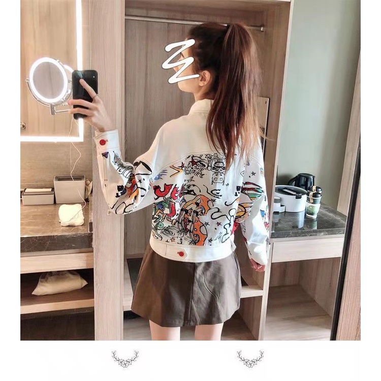 Áo Khoác Denim Tay Dài Dáng Rộng In Họa Tiết Graffiti Phong Cách Hàn Quốc Thời Trang Cho Nữ