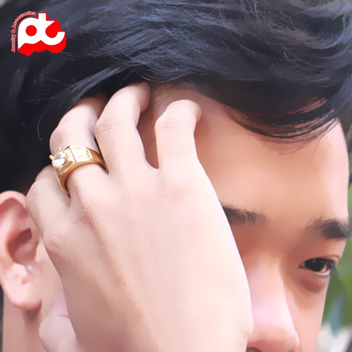 Nhẫn inox nam mạ vàng chữ phước đính xoàn thép không gỉ HSNNA235