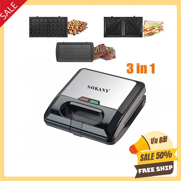 Máy Kẹp nướng bánh waffle, bánh mì sandwich 3 IN 1 SOKANY