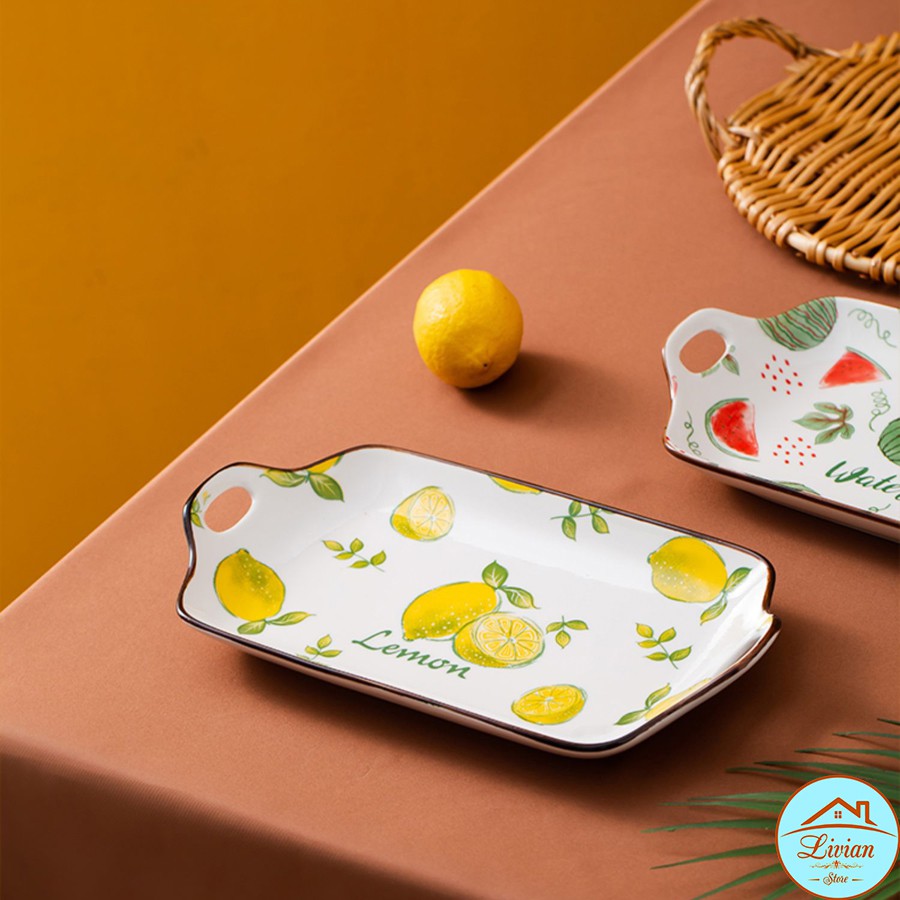 Đĩa sứ chữ nhật, đĩa trang trí bàn ăn có tay cầm 30cm họa tiết hoa quả dễ thương