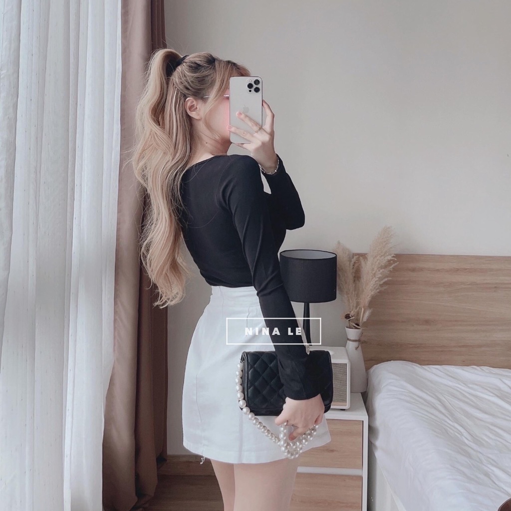 Áo kiểu thun nữ tay dài cổ U phối dây đan chéo cá tính