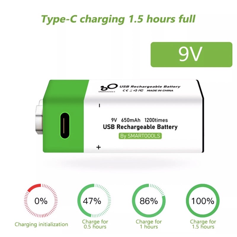Pin A sạc 9V Lithium Battery cổng Type C, đồng hồ đo điện, tay cầm chơi game, đàn
