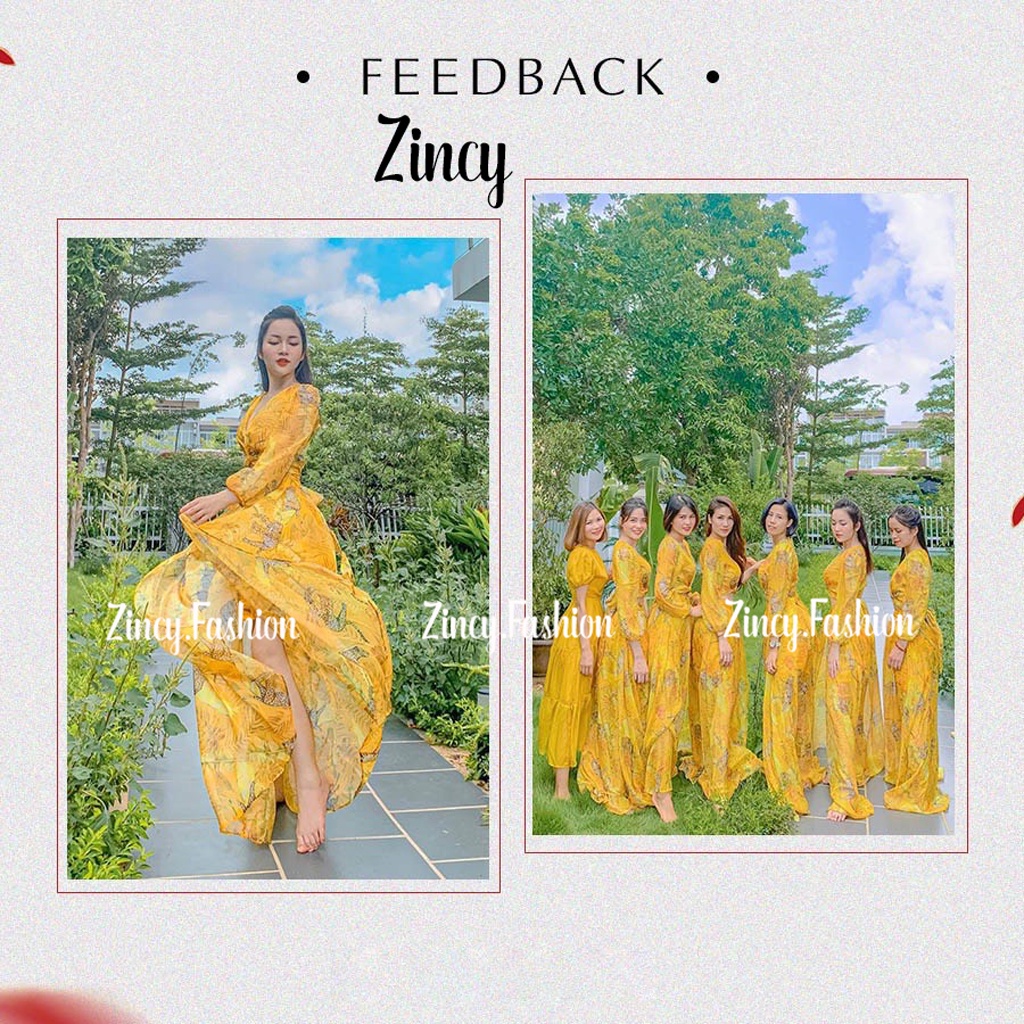 Set đi biển áo tay dài cột eo chân váy maxi xẻ tà màu vàng hoạ tiết nổi bật Váy maxi đầm đi biển Kèm hình thật