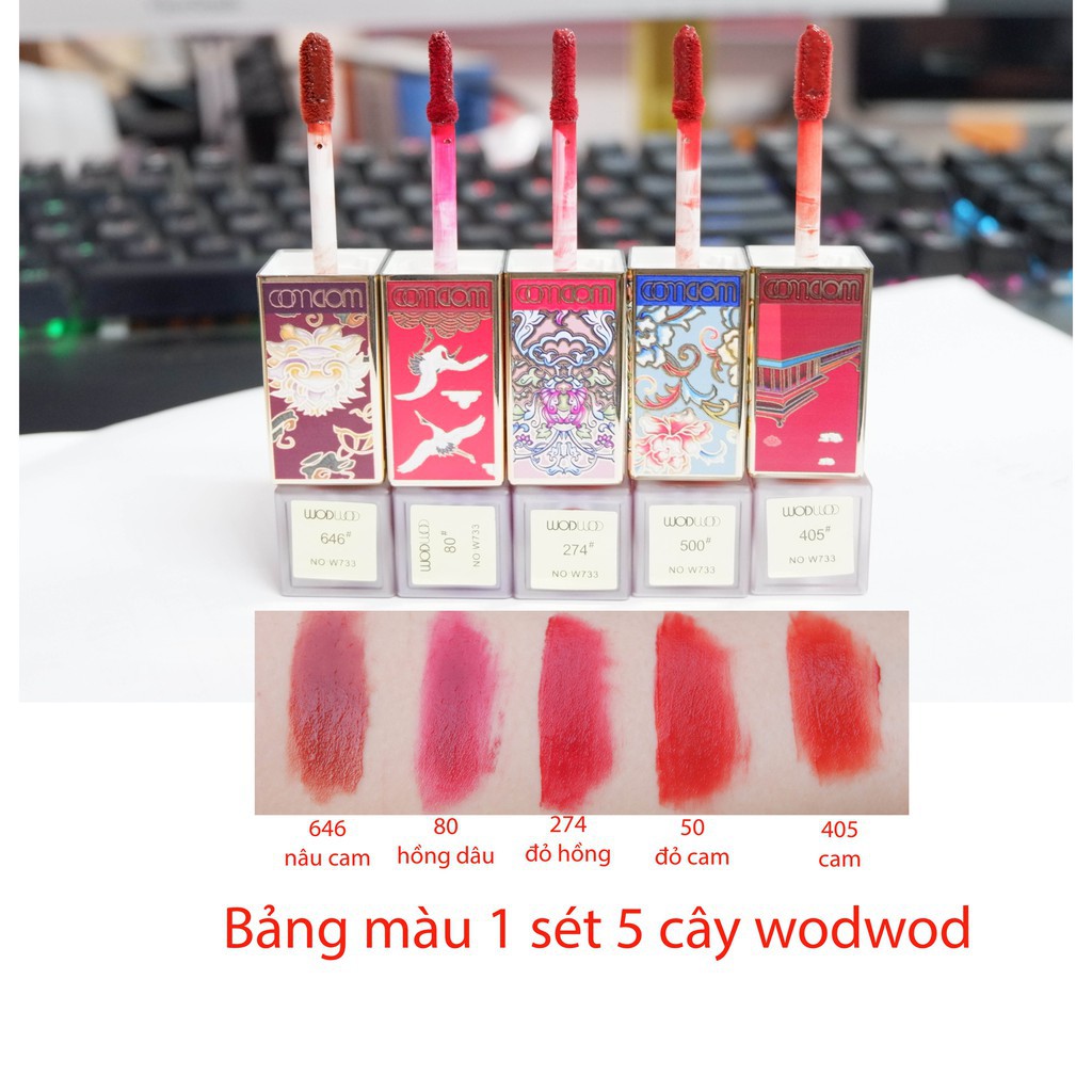 Set 5 thỏi son kem Hoàng Cung WODWOD Dan Lip Jade Face Water Mist Lip Glaze - nội địa Trung