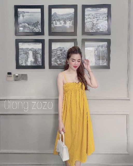 Váy 2 dây chun ngực khuy ngọc