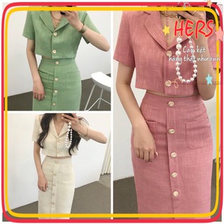 [Order] Set dạ tweed áo croptop phối chân váy midi siêu sang, có ảnh thật