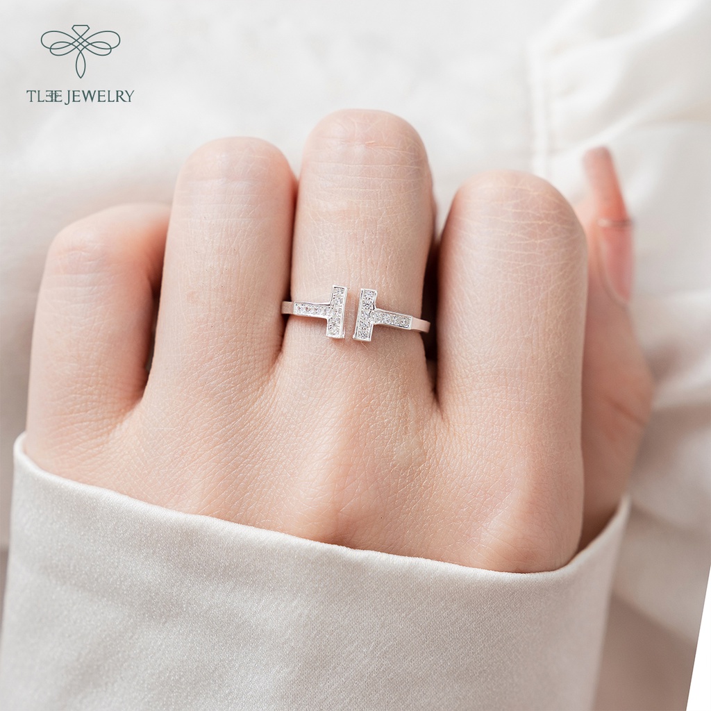 Nhẫn bạc nữ TLEE chữ T nạm đá dáng hở cá tính NCJ A0181