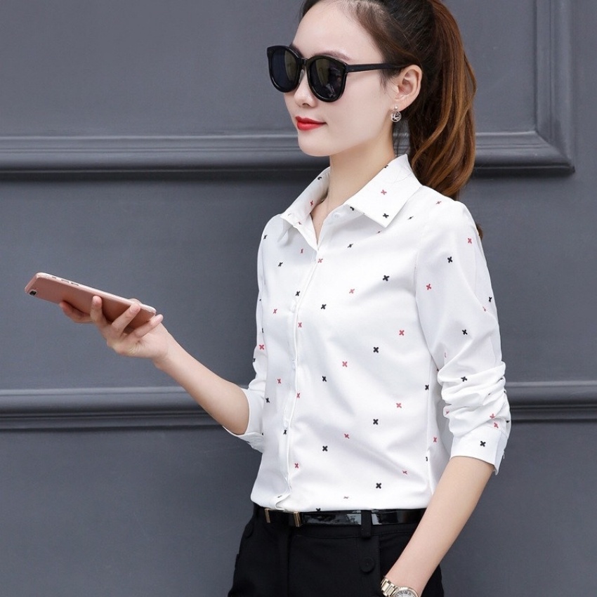 Áo Sơ Mi Công Sở Nữ Dài Tay Phối Họa Tiết Dấu x Mẫu X88721 Chất Liệu Cao Cấp Mềm Mịn Thoáng Mát