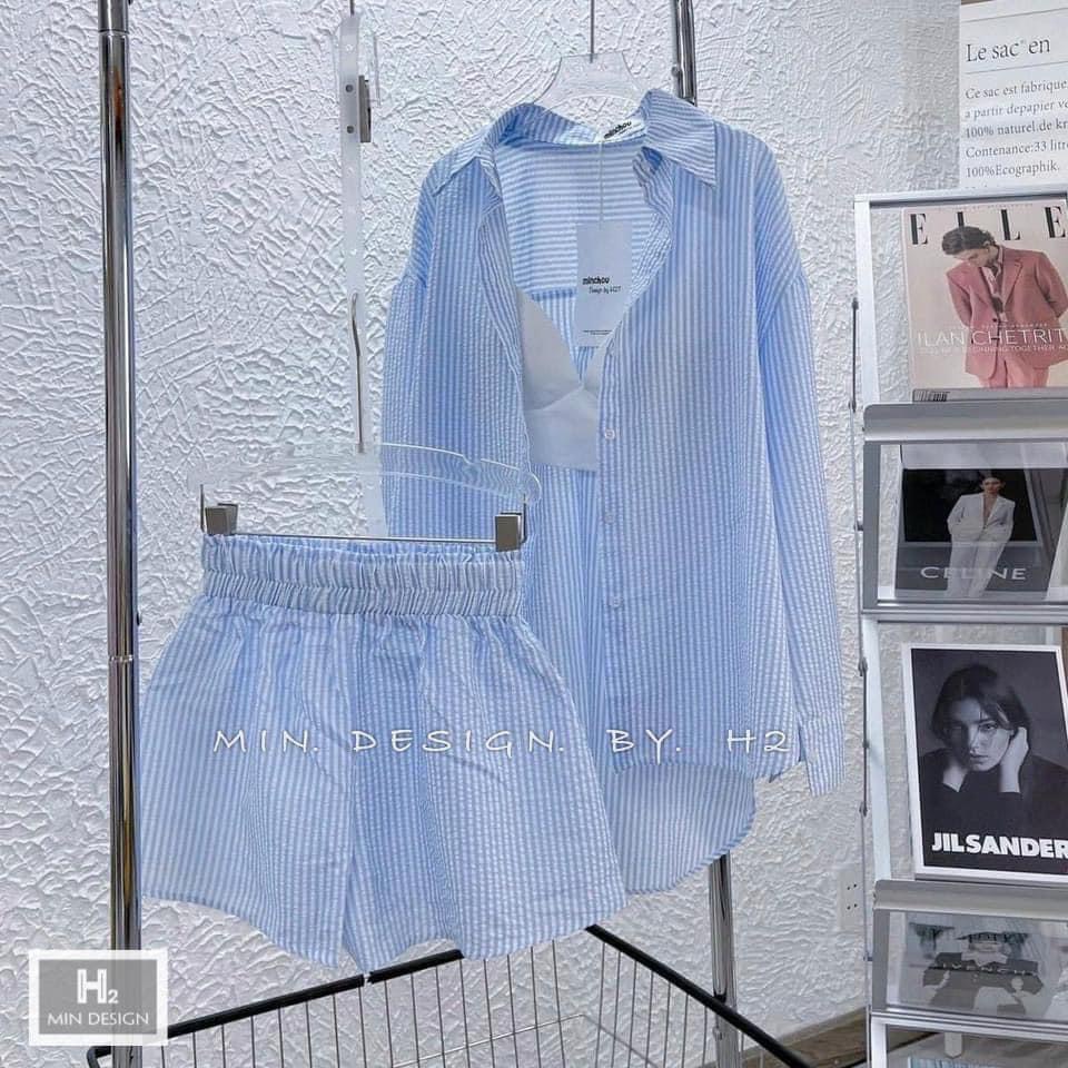 Set 3 món đi biển đũi xốp kẻ thụng áo sơ mi kèm bra mix quần short