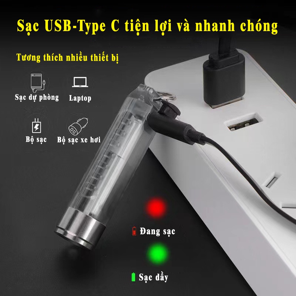 Đèn pin mini chống nước, pin trâu, làm móc khóa,siêu sáng 500lumen, đa năng, sạc USB-Type C tiện dụng