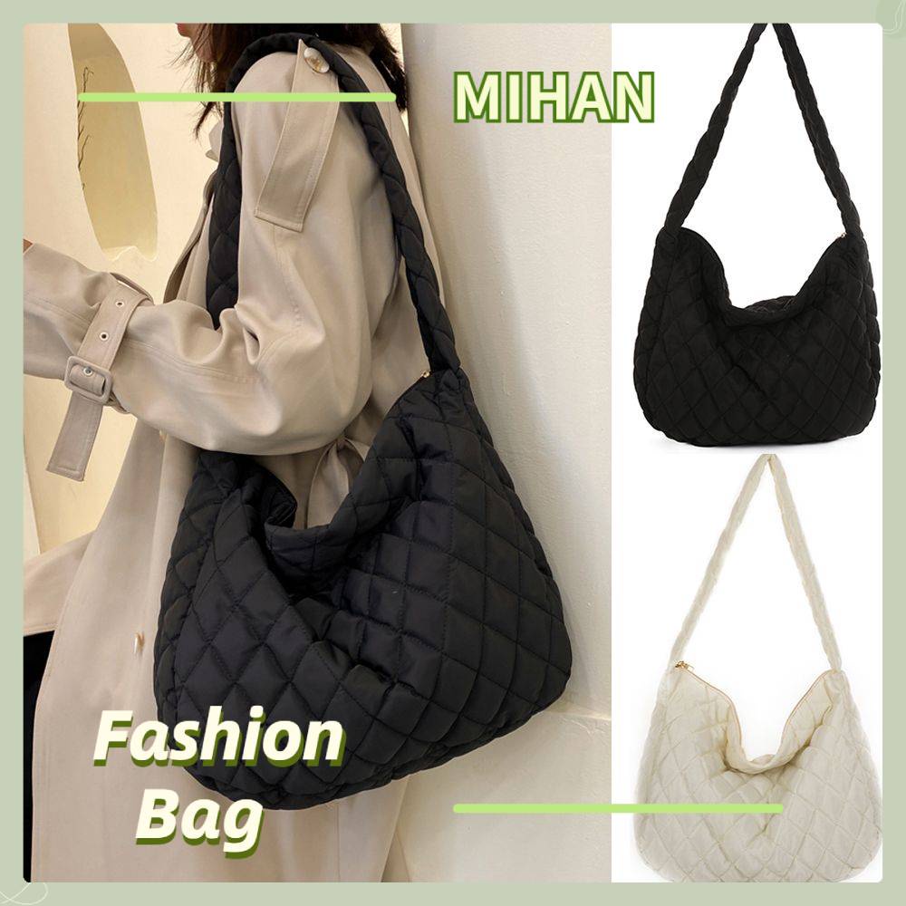 [Còn hàng] Túi Tote Đeo Vai/Cánh Tay Chất Liệu Cotton Ấm Áp Mùa Đông Họa Tiết Kẻ Sọc Có Sức Chứa Lớn Cho Nữ