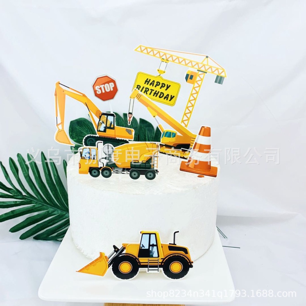 Trang trí bánh sinh nhật bánh kem - Sét cắm giấy máy xúc, máy cẩu, set biển báo nhựa phụ kiện bánh sinh nhật
