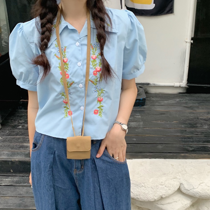 Áo Sơ Mi Tay Ngắn Phồng Thêu Họa Tiết Hoa Phong Cách Hàn Quốc Thời Trang Mùa Hè Cho Nữ