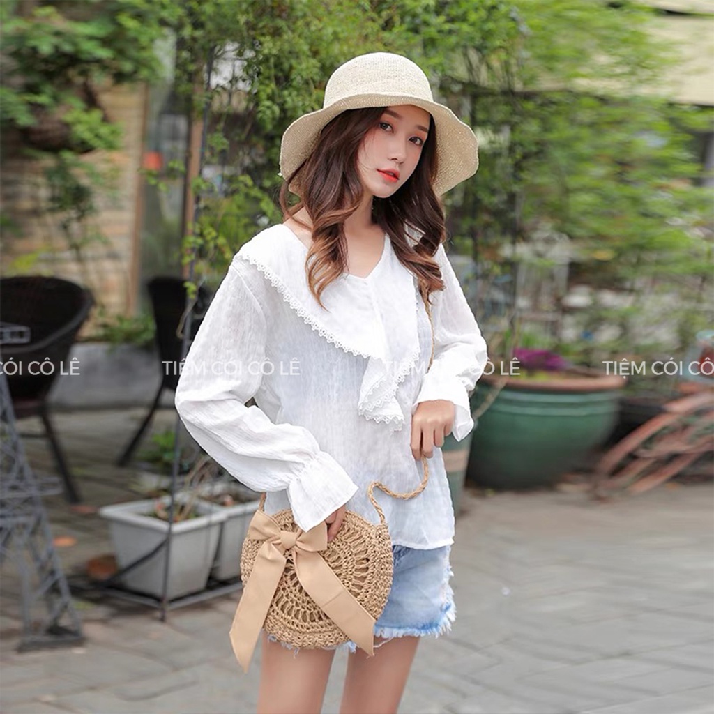 Túi đi biển dáng tròn họa tiết hoa đính kèm nơ xinh xắn - Tiệm Cói Cô Lê
