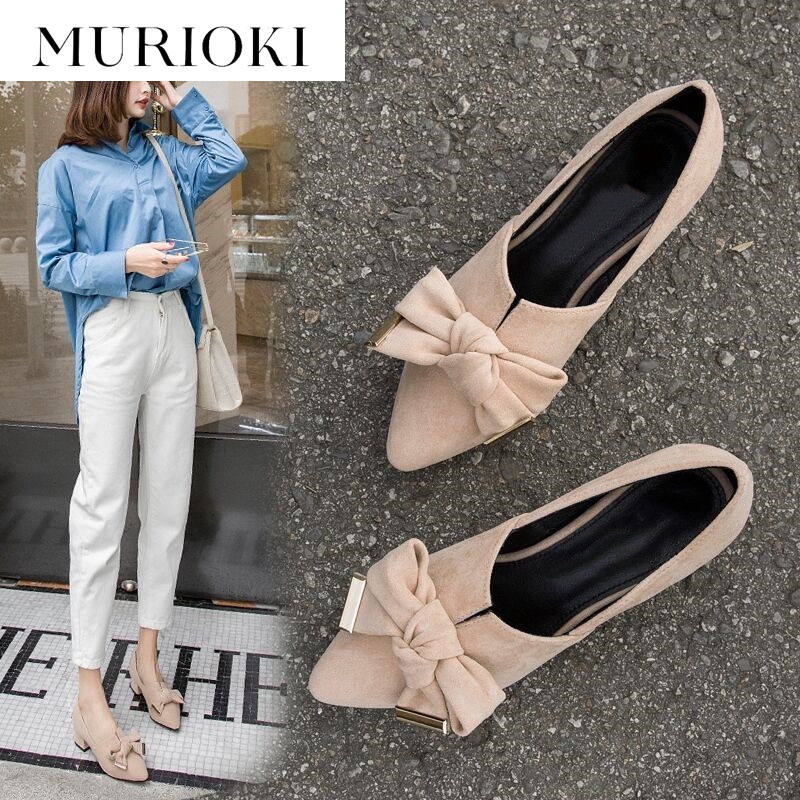 MURIOKI Women's korean style shoes with thick heels and pointed bow