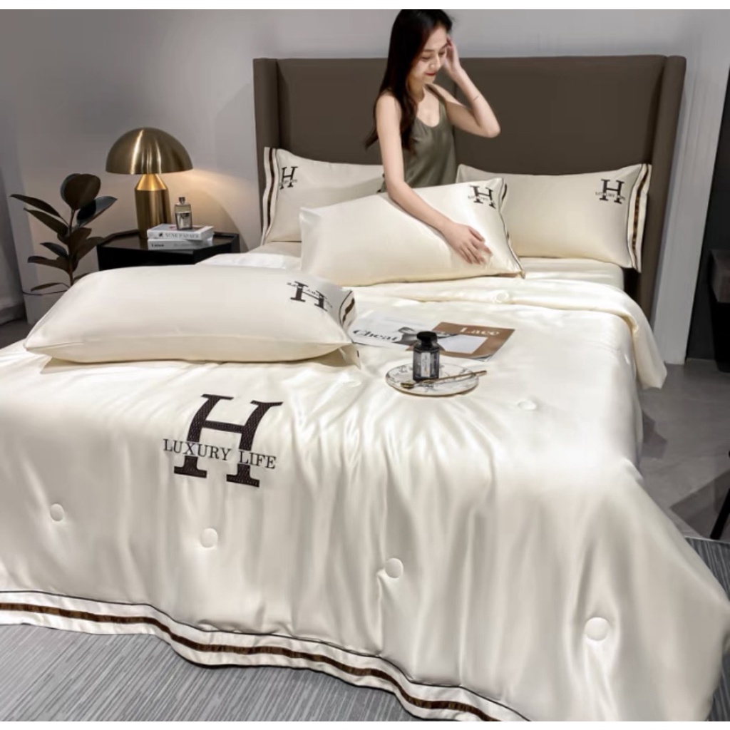 Bộ chăn ga gối phi lụa Luxury Life cao cấp chăn trần bông siêu mềm mại, ga gối phi lụa thoáng mát không nhăn không xù