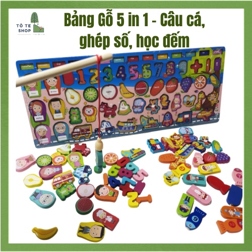 Bảng gỗ đa năng 5 trong 1, Bảng gỗ câu cá đa chức năng 63 chi tiết, đồ chơi gỗ thông minh học ghép chữ,số,phương tiện