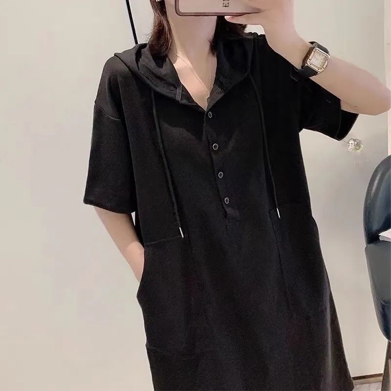 Đầm Hoodie Tay Ngắn Dáng Rộng Màu Trơn C9045 40-150KG Thời Trang Cho Nữ
