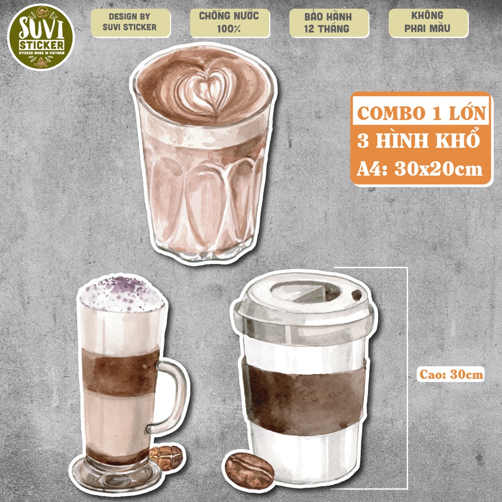 Decal Coffee khổ lớn trang trí tường, dán kính, trang trí quán cà phê khổ A4, A5 chống nước. MSP: KL01