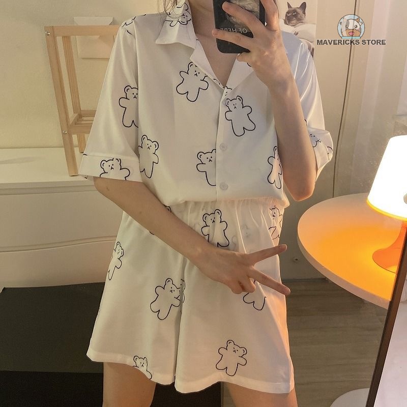 Bộ đồ ngủ tay ngắn in hình gấu dễ thương dành cho nữ