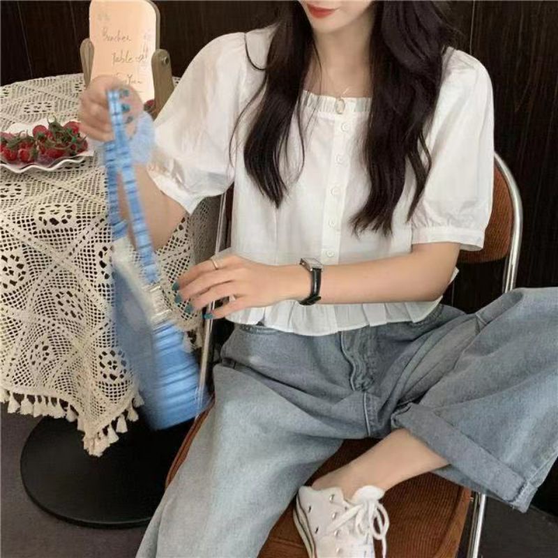 Áo Sơ Mi Nữ Tay Ngắn Viền Bèo Tay Bồng Lên Form Cực Xinh