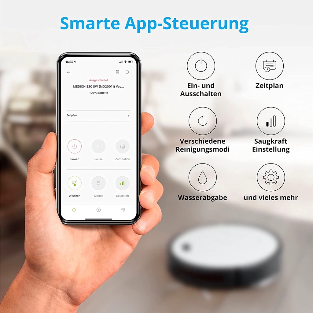 Robot hút bụi lau nhà Medion MD20021, thời lượng pin 140 phút, có điều khiển qua ứng dụng MD 20021