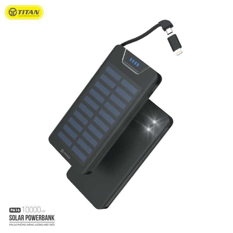 Pin dự phòng năng lượng mặt trời 10000mAh chính hãng TITAN PA16 liền dây cáp sạc cho iphone iPad Samsung Oppo xiaomi ip